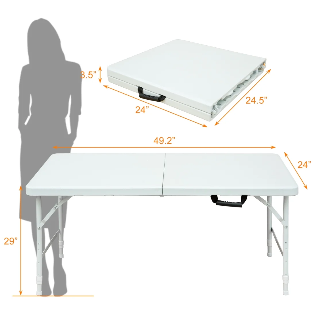 Gzxs 4FT Folding Table, Indoor Outdoor Heavy Duty Table with Carrying Handle, Portable Plastic Fold up Table for Picnic/Party/Camping/Office/School (White)