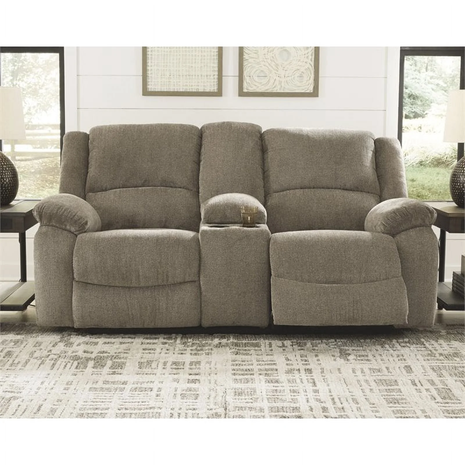 Bowery Hill Contemporary Fabric Reclining Loveseat with Console in Pewter