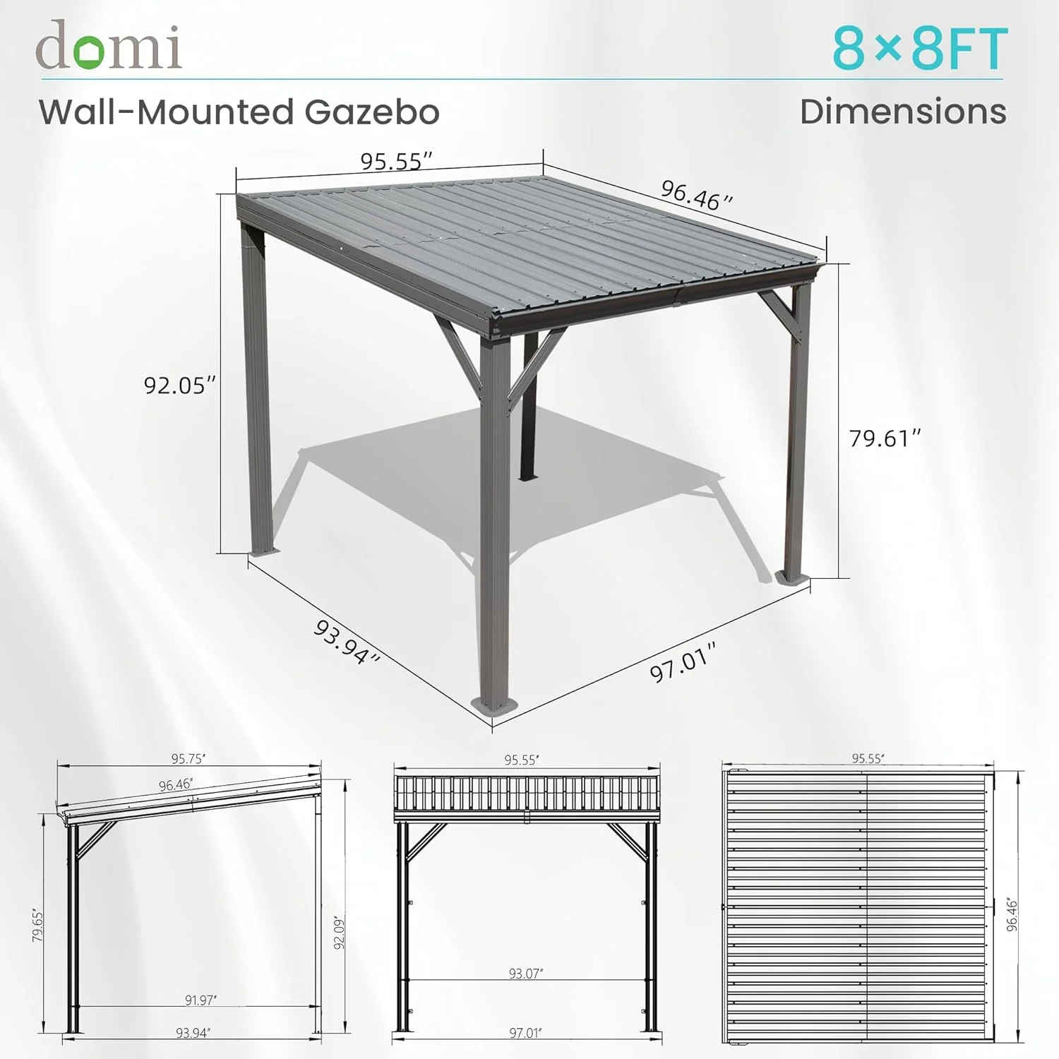 Domi 8x8FT Lean to Gazebo, Outdoor Hardtop Wall Mounted Gazebo with Sloping Galvanized Steel Roof, Upgraded Heavy Duty Mounted Shelter with Drainage System for Deck, Porch, Backyard