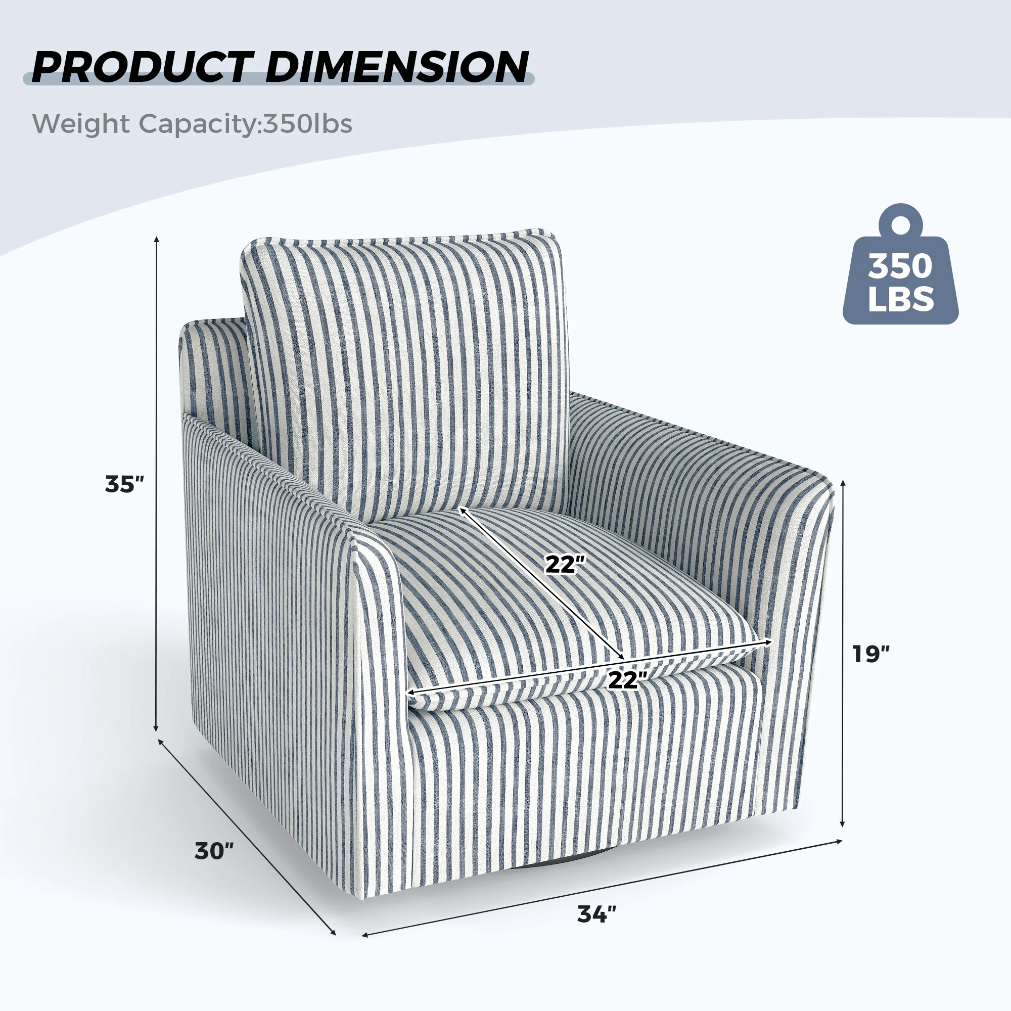 Bonzy Home 360�� Swivel Chair with Thick Cushion �C Blue Stripe Fabric Accent Chair for Living Room, Bedroom, Office �C Fully Assembled