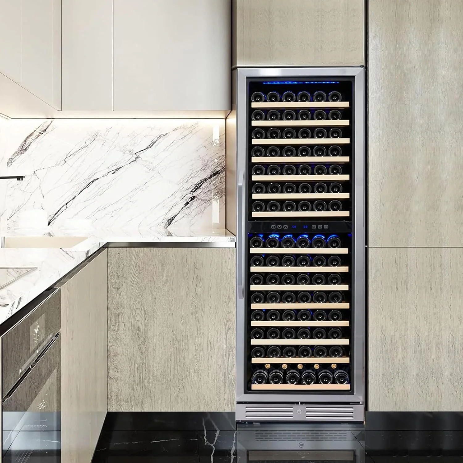 24 Inch Wine Fridge Dual Zone 160 Bottle, Tall Wine Cooler Refrigerator Built-in or Freestanding with Temperature Control System, Professional Compressor, Low Noise and Intelligent Temperature Memory