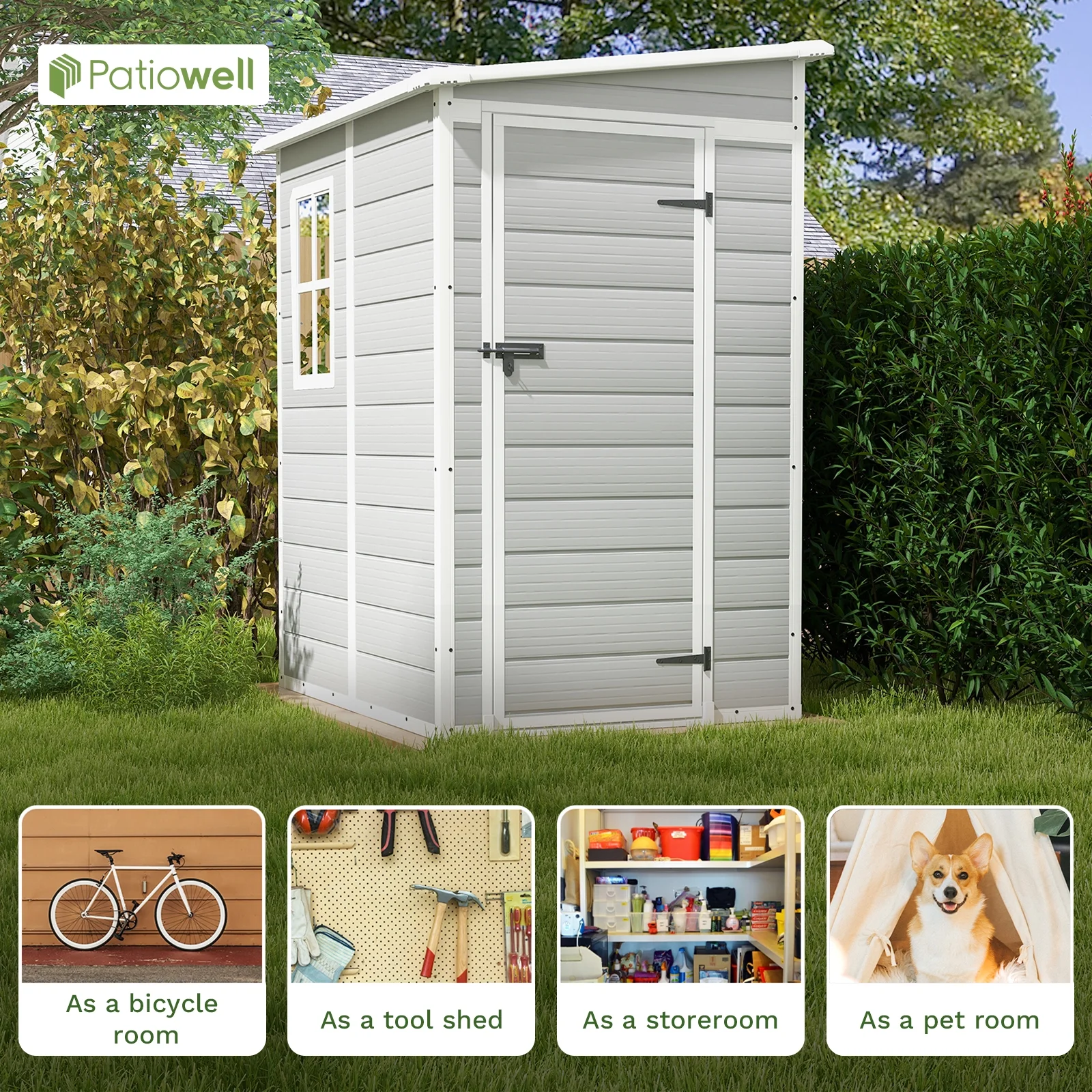 Patiowell 5x4 FT Outdoor Storage Shed, Resin Storage Shed with Floor & Window & Lockable Door for Patio Furniture, Garden Tools and Bicycle, White